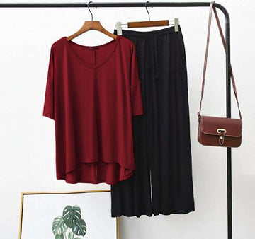 Plain Maroon V-Neck T-Shirt with Black Pajama Suit