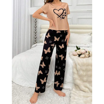 Brown With Black Butterflies Heart Printed T-shirt And Butterflies Printed Trouser Suit