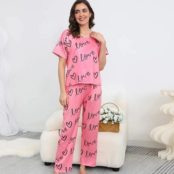 New Pink Love Print Half Sleeves T-shirt With Printed Trouser Suit