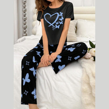 Black With Blue Butterflies Heart Printed T-shirt And Butterflies Printed Trouser Suit