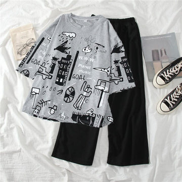 Grey Multi Printed Half Sleeves T-shirt With Plain Black Trouser Suit