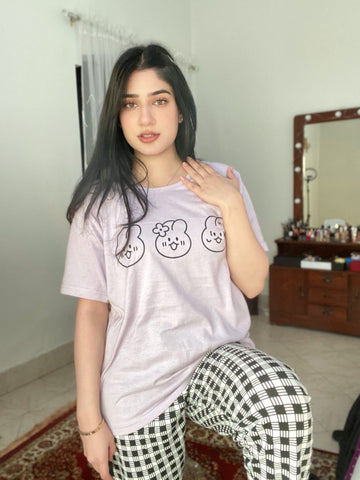 Light Purple Bear Print Half Sleeves T-shirt With Check Trouser Suit