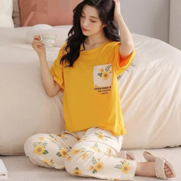 Yellow Flower Pocket Print Half Sleeves T-shirt With Flowers Printed Trouser Suit
