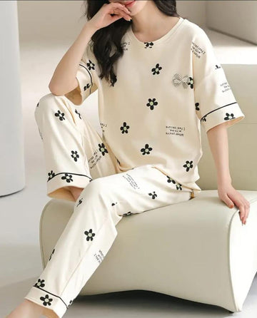 Off White All Over Flowers Printed Night Suit