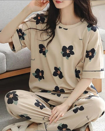 Brown All Over BIG Flowers Printed Night Suit