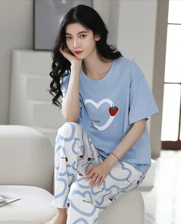 Sky Blue Heart Strawberry Printed Night Suit