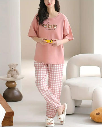 Pink 3 Bears with Cheq Printed Payjama Night Suit