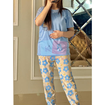 Ice Blue Floral Pocket with White Floral Printed PJ Set For Her