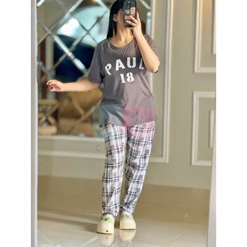 Grey Half Sleeves Paul Printed T-shirt With Check Trouser Suit