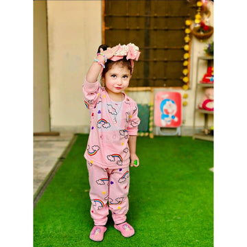 Pink Rainbow Printed Full Sleeves Suit For Kids