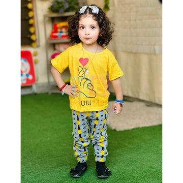 Yellow Charming Love with White Printed Half Sleeves Suit For Kids