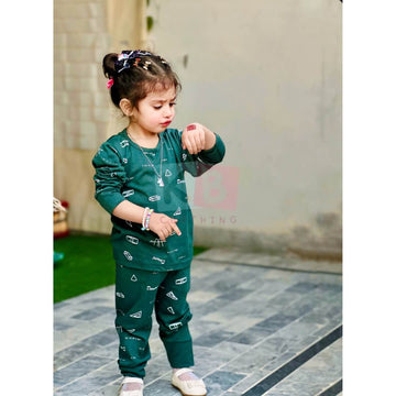 Dark Green Printed Full Sleeves Suit For Kids