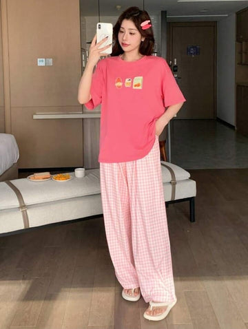 Pink Juices T-shirt Printed with Cheq Pajama Printed Night Suit