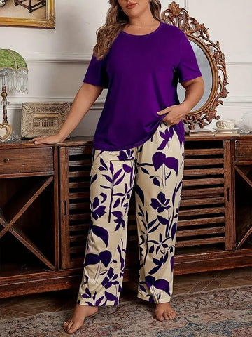 Purple Plain Full Sleeves Tee with Printed Pajama Night Suit