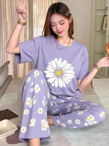 Lilac Sunflower Printed Night Suit