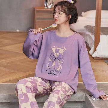 Lilac Lovely Bear Full Sleeves Printed Night Suit