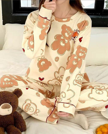 Off White Dream Bear Full Sleeves Printed Night Suit