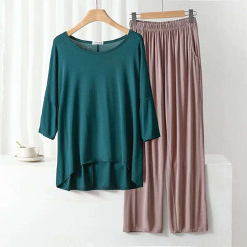 Plain Green Loose Sleeves T-Shirt with Beige Pajama Suit
