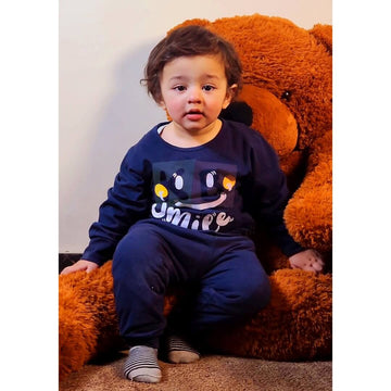 Navy Blue Smiley Printed Full Sleeves Suit For Kids