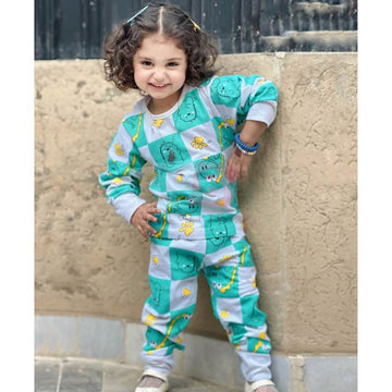 White & Sea Green Crocodile Printed Full Sleeves Suit For Kids