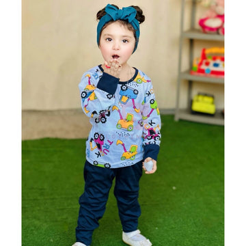 Off White Truck Print T-shirt With Blue Trouser Kids Night Suit
