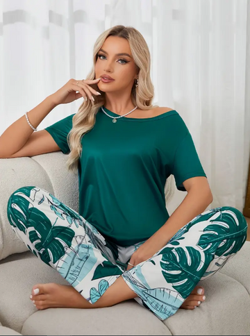 Green Plain Half Sleeves Tee with Printed Pajama Night Suit