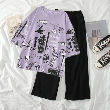 Purple Multi Printed Half Sleeves T-shirt With Plain Black Trouser Suit