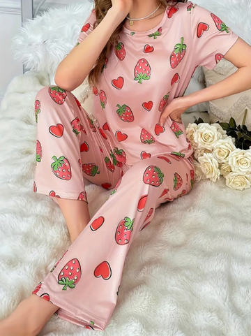 Pink All Over Strawberries Printed Night Suit