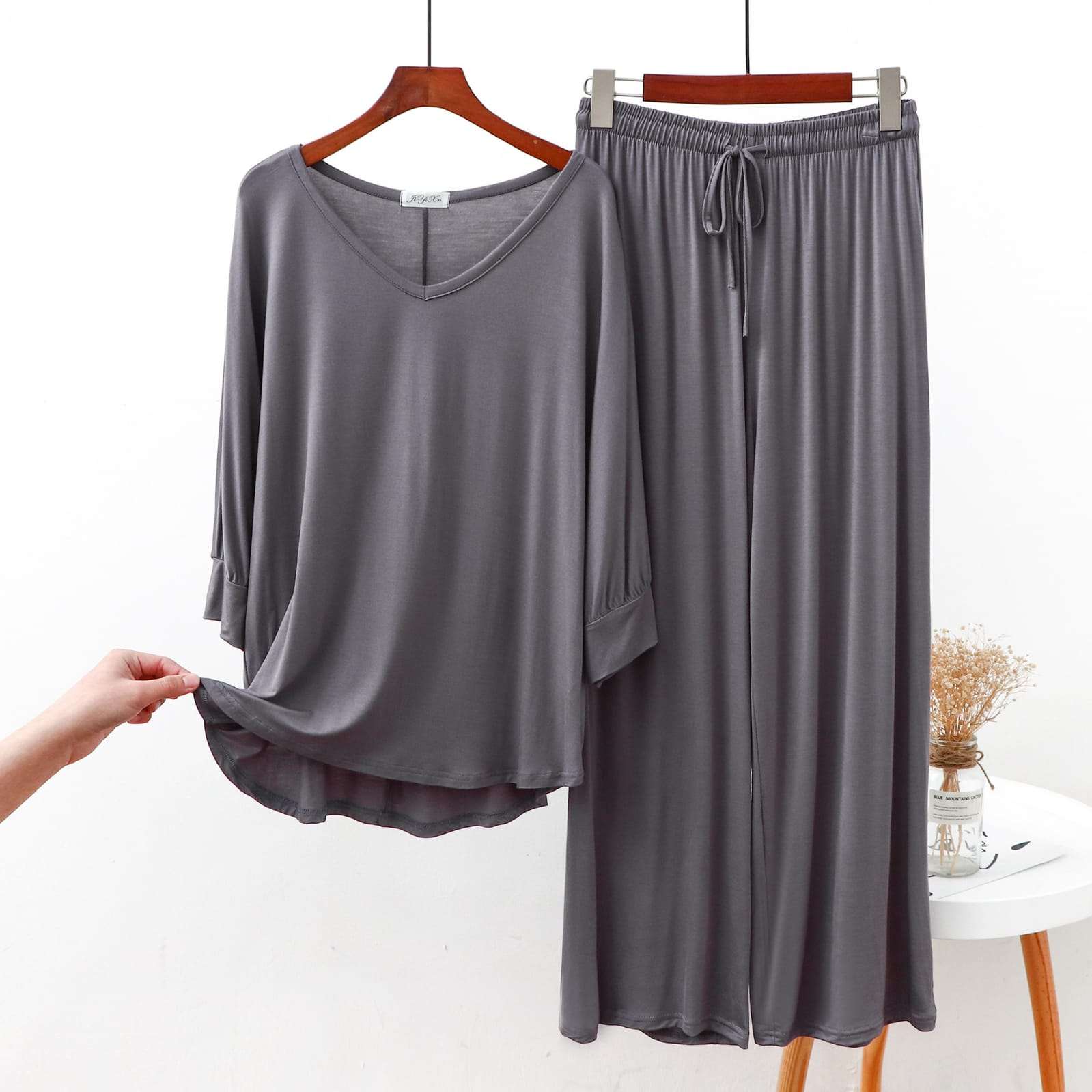 Plain Grey V Neck with Palazzo Style Pajama Full Sleeves Suit for Her