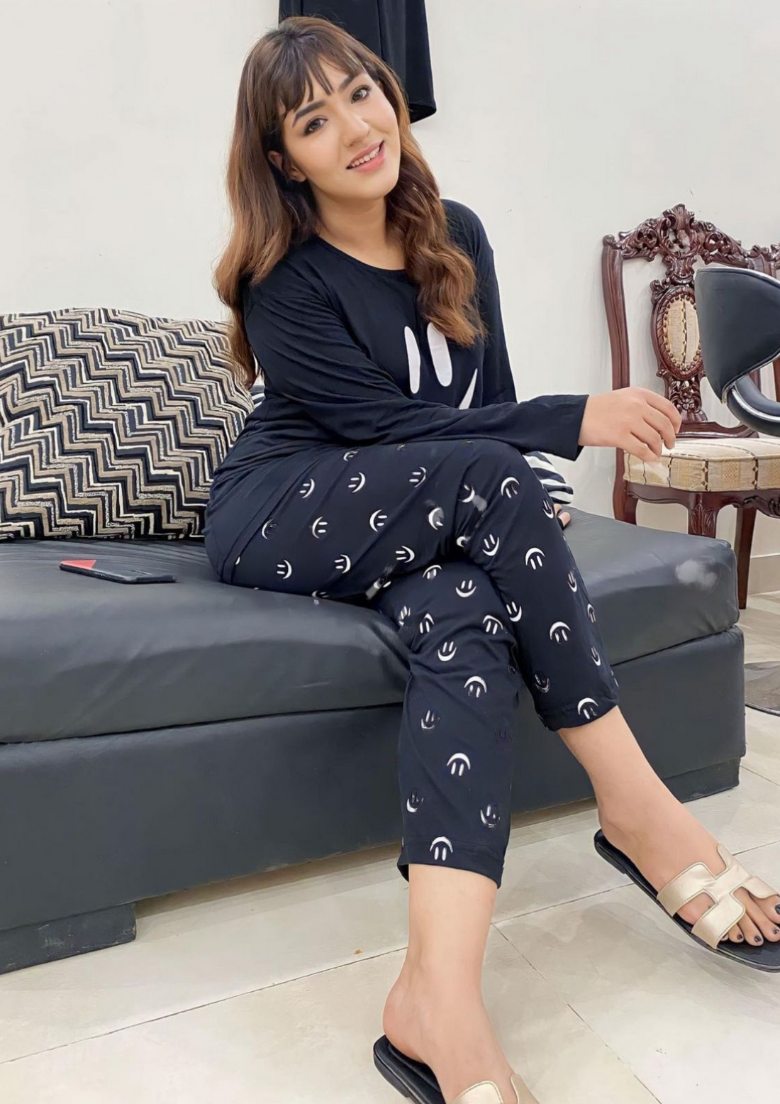 Black Smile with Dotted Style Pajama Full Sleeves Night Suit for her