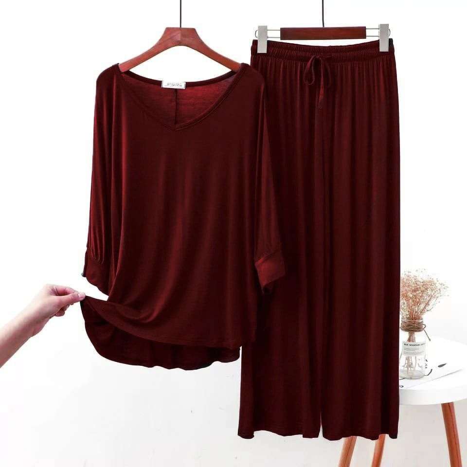 Plain Maroon V Neck with Palazzo Style Pajama Full Sleeves Suit for Her