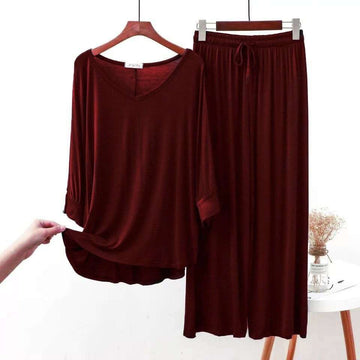 Plain Maroon V Neck with Palazzo Style Pajama Full Sleeves Suit for Her