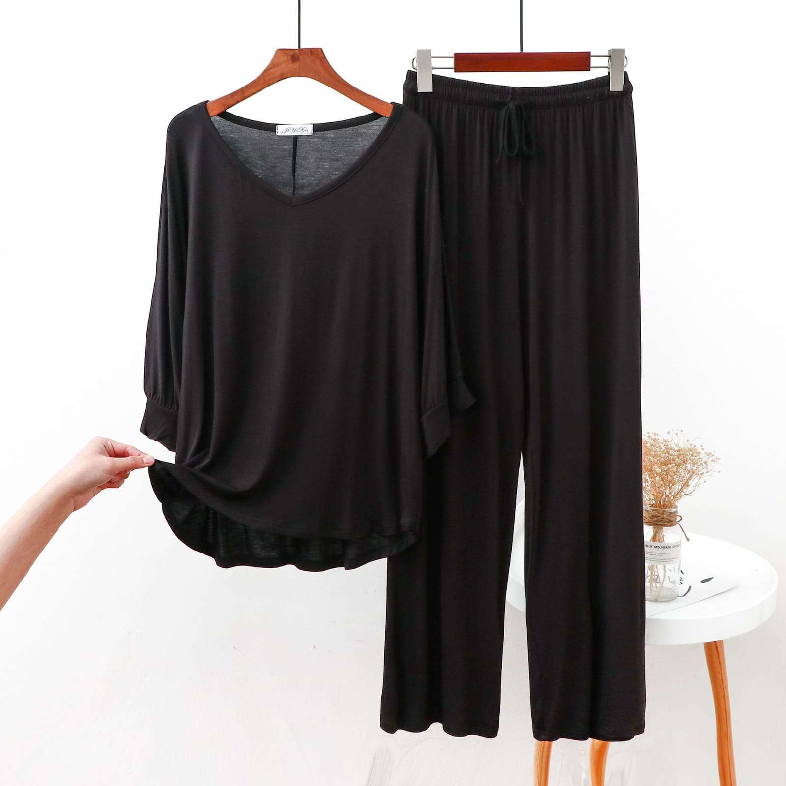 Plain Black V Neck with Palazzo Style Pajama Full Sleeves Suit for Her