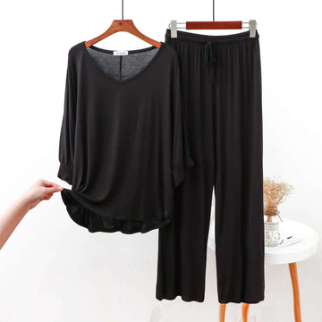 Plain Black V Neck with Palazzo Style Pajama Full Sleeves Suit for Her