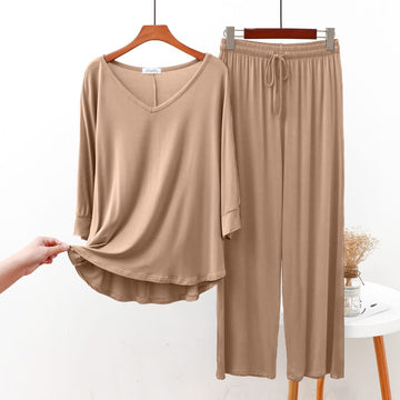 Plain Skin V Neck with Palazzo Style Pajama Full Sleeves Suit for Her