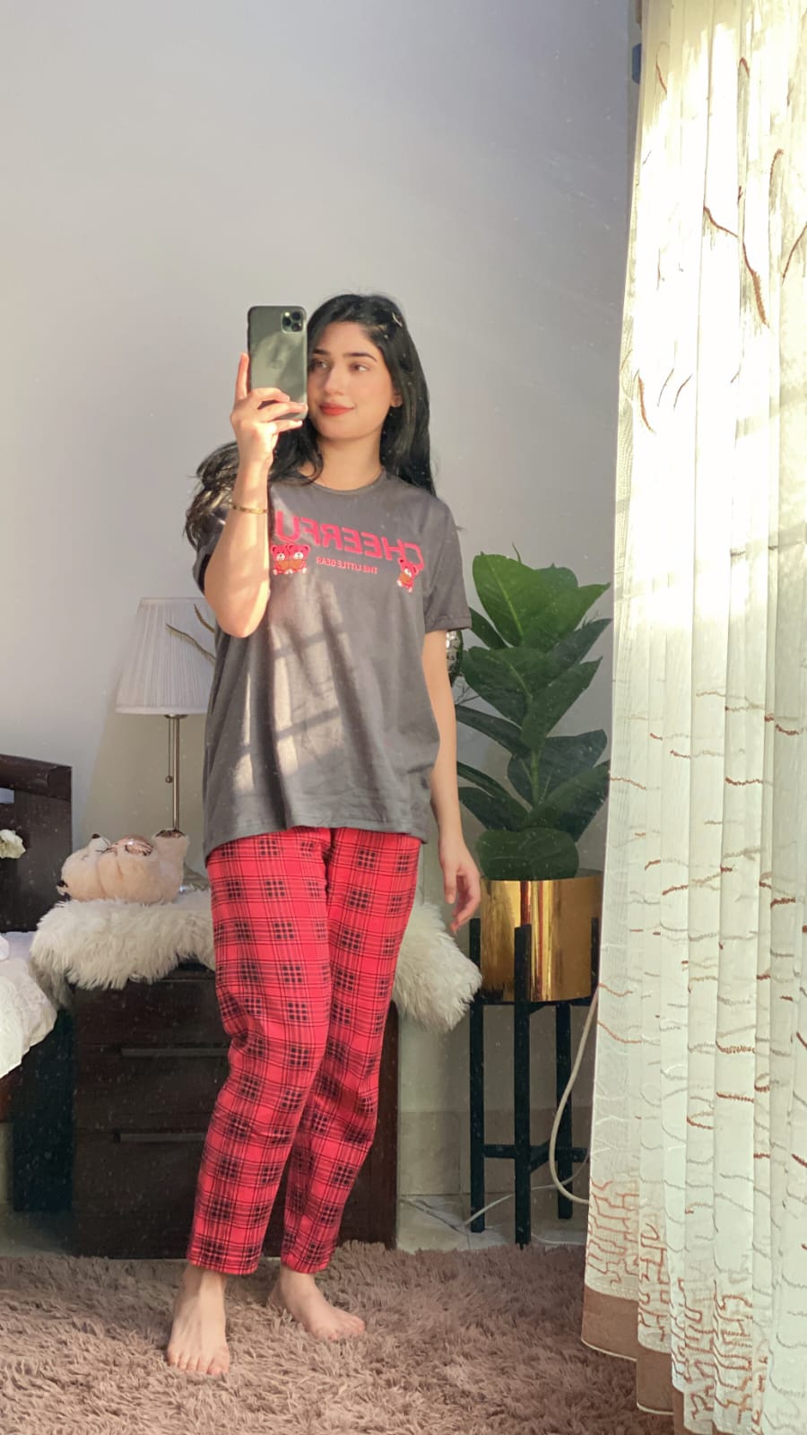 Grey Half Sleeves Cheerful T-shirt With Check Trouser Suit