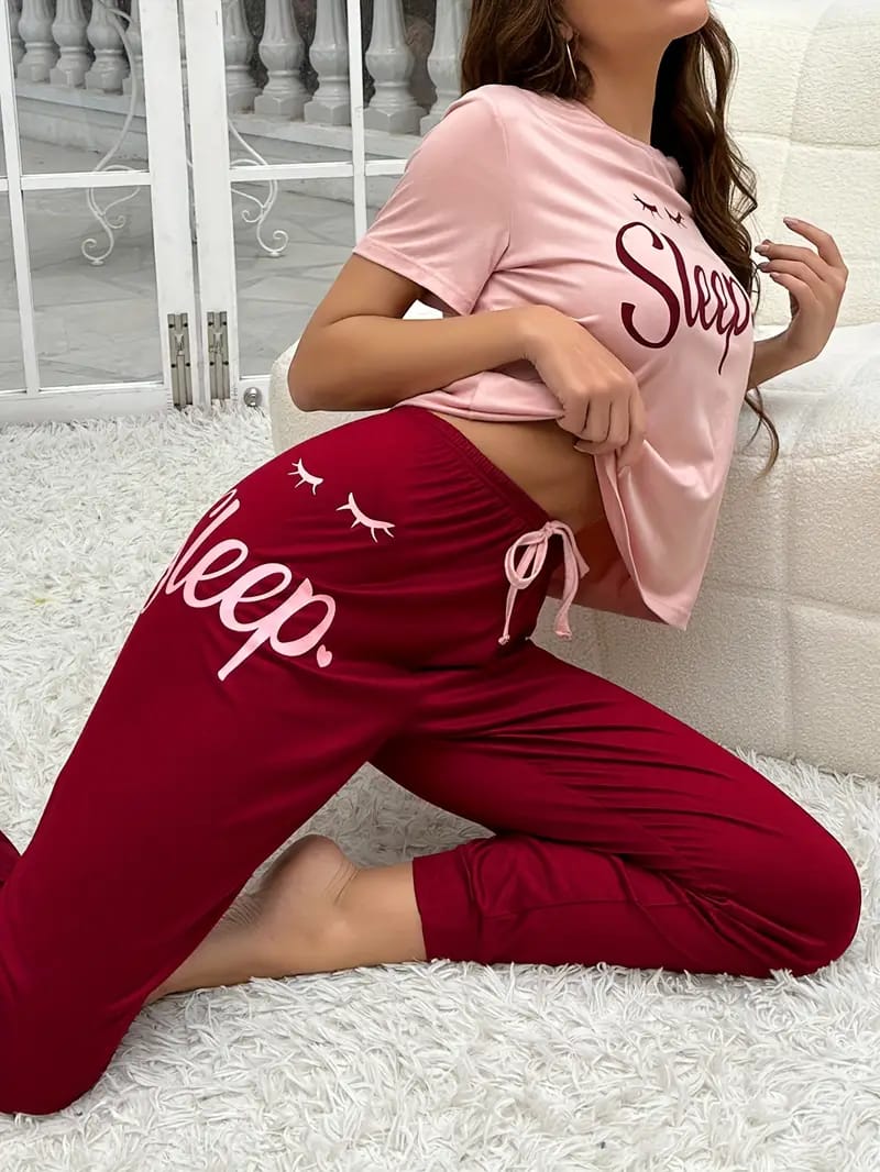 Pink Sleep Print half Sleeves T-shirt With Sleep Print Pajama Suit