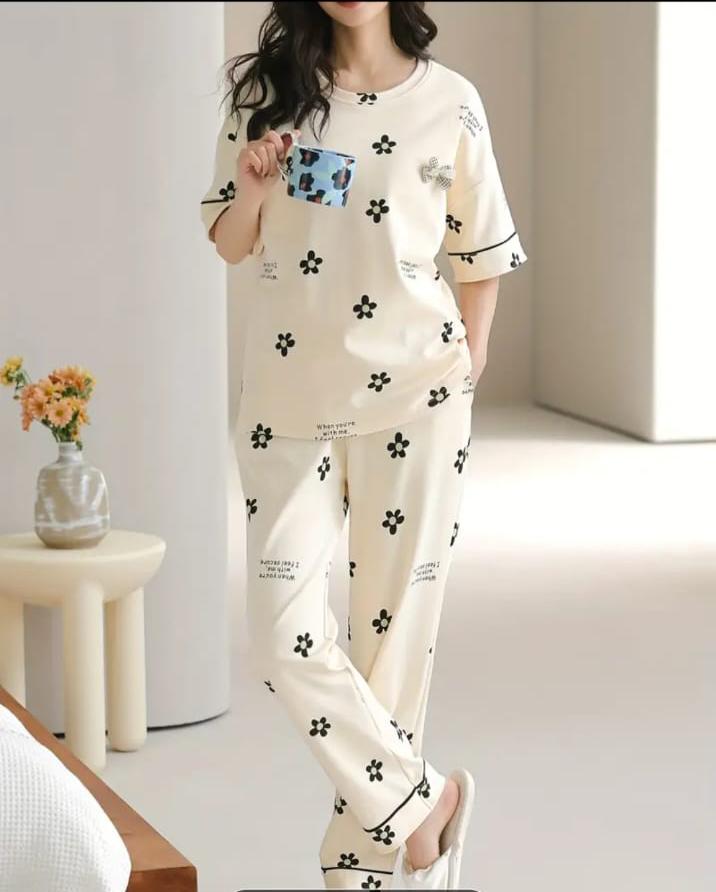 Off White All Over Flowers Printed Night Suit