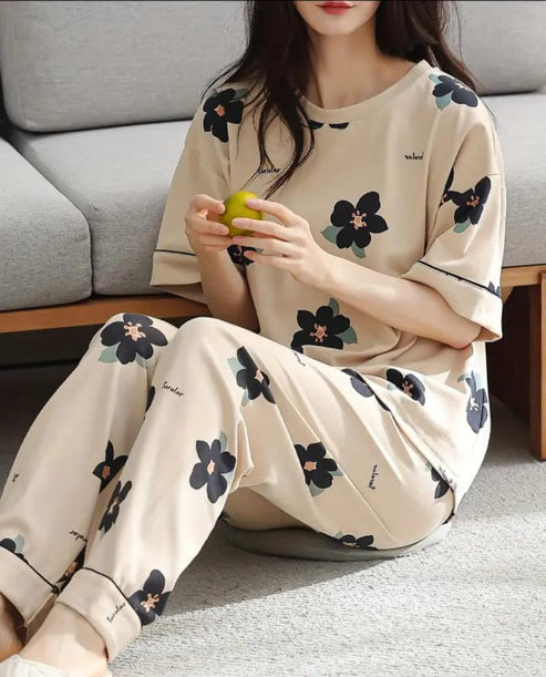 Brown All Over BIG Flowers Printed Night Suit
