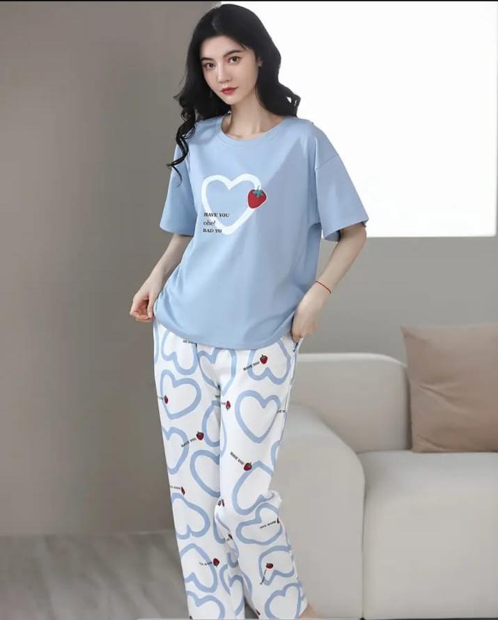 Sky Blue Heart Strawberry Printed Night Suit