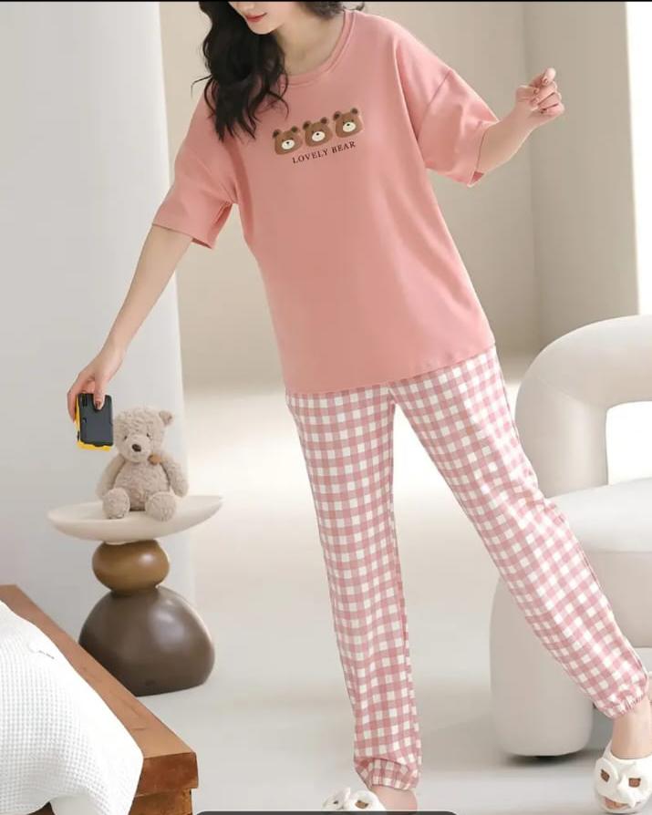 Pink 3 Bears with Cheq Printed Payjama Night Suit