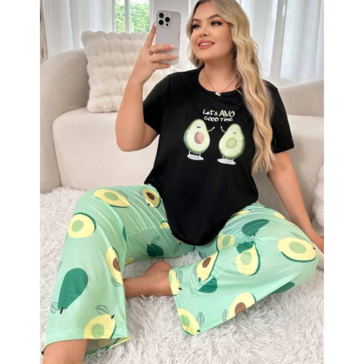 Black Avocado Printed Half Sleeves Night Suit for her