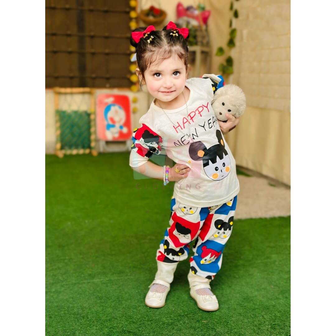 Multicolor Happy New Year Printed Kids Night Suit