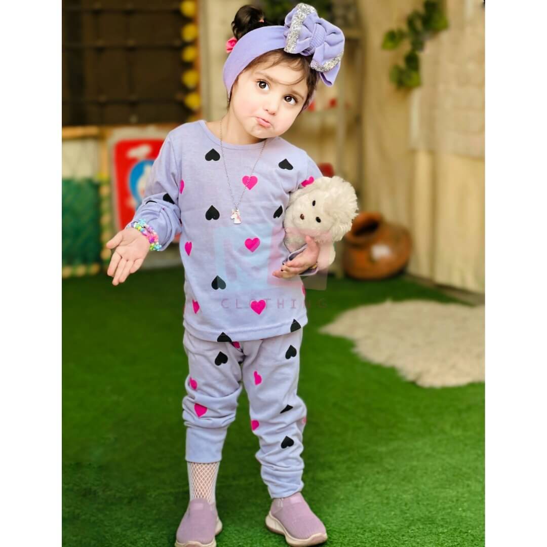 Lilac Multi Hearts Printed Full Sleeves Suit For Kids