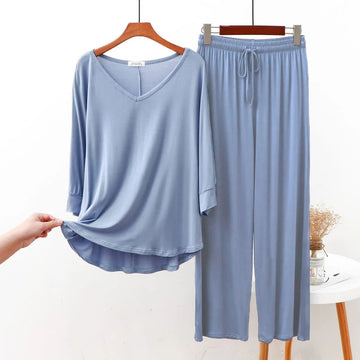 Plain Ice Blue V Neck with Palazzo Style Pajama Full Sleeves Suit for Her