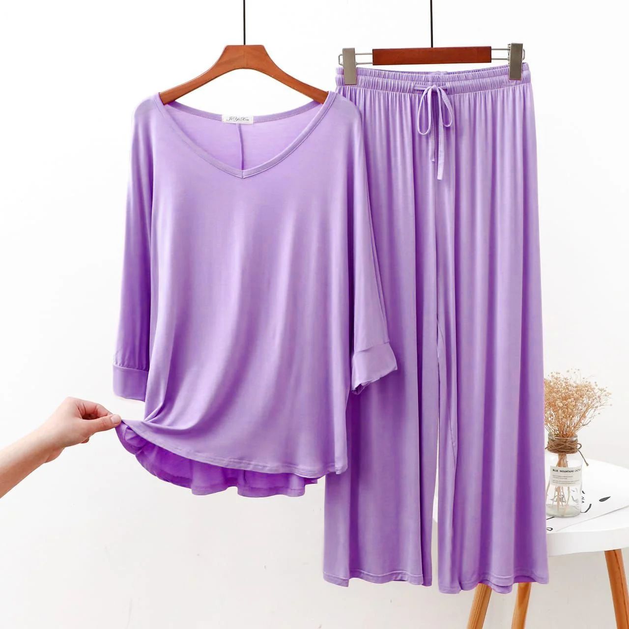 Plain Purple V Neck with Palazzo Style Pajama Full Sleeves Suit for Her