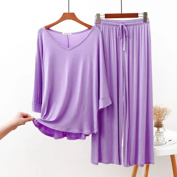 Plain Purple V Neck with Palazzo Style Pajama Full Sleeves Suit for Her