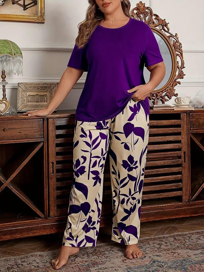 Purple Plain Full Sleeves Tee with Printed Pajama Night Suit