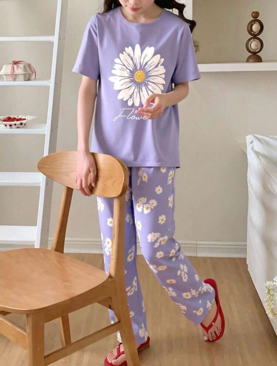 Lilac Sunflower Printed Night Suit