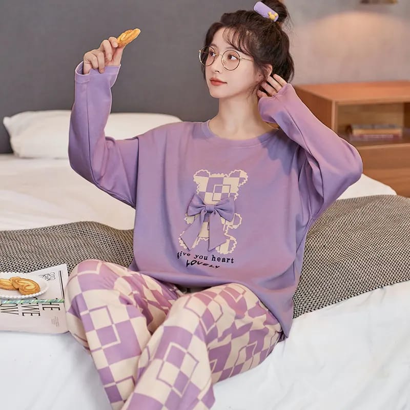 Lilac Lovely Bear Full Sleeves Printed Night Suit